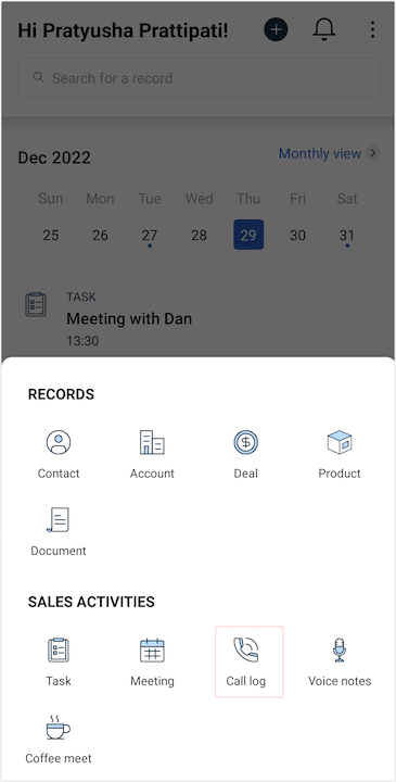 Freshsales mobile call log