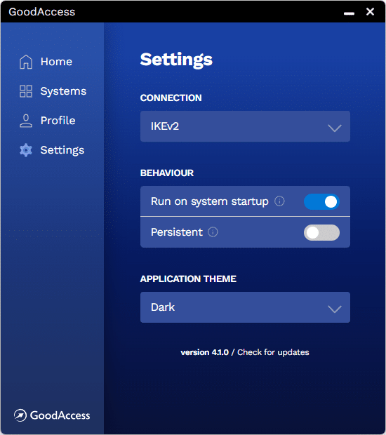 GoodAccess mobile app interface dark