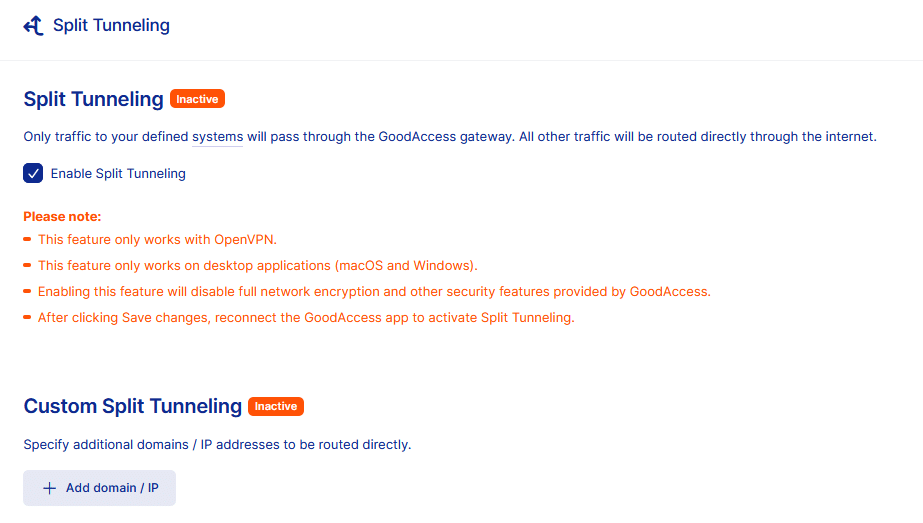 GoodAccess server split tunneling
