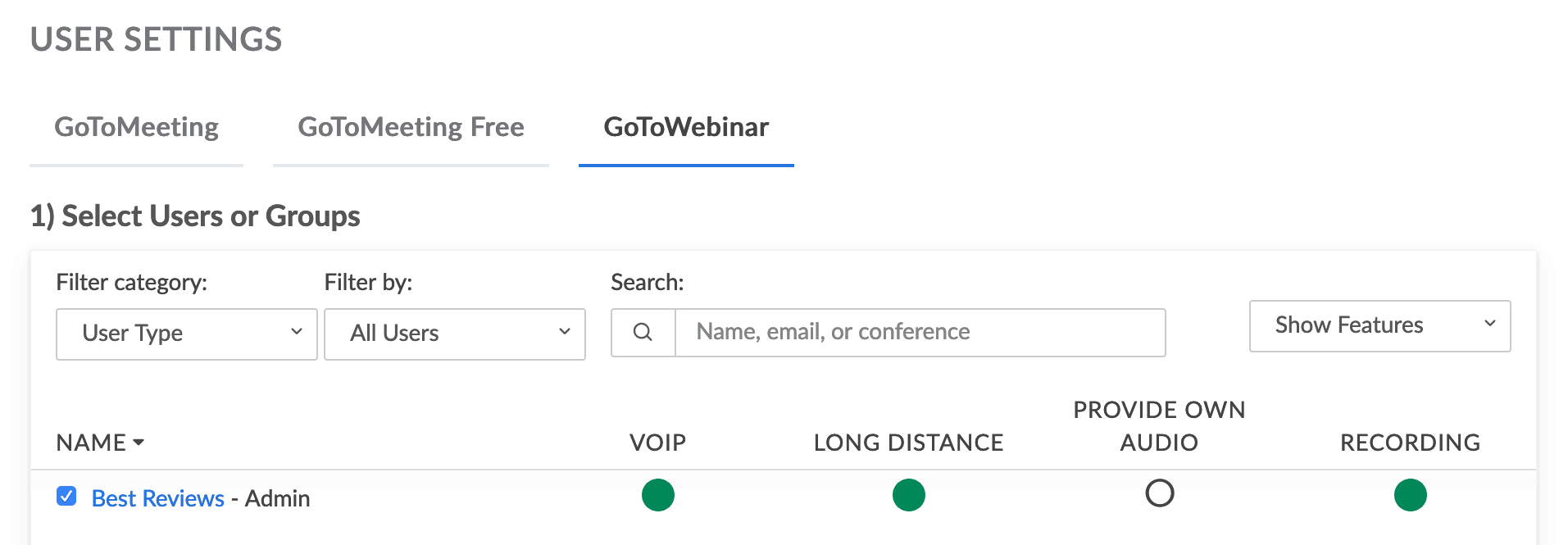 GoToWebinar admin user settings
