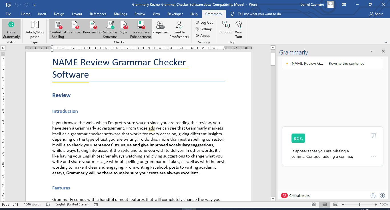 Grammarly Word add-on