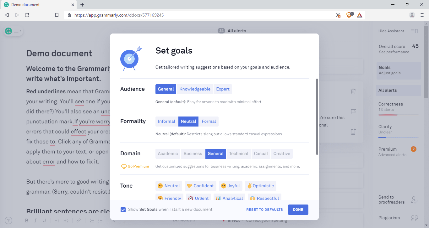 Setting writing goals with Grammarly