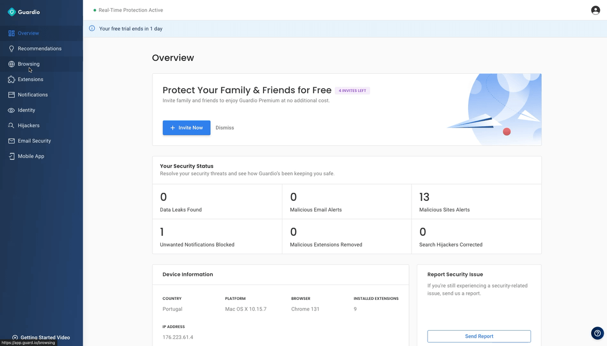 Guardio desktop dashboard