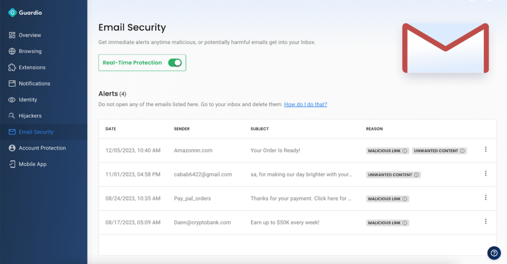 Guardio email security flag example