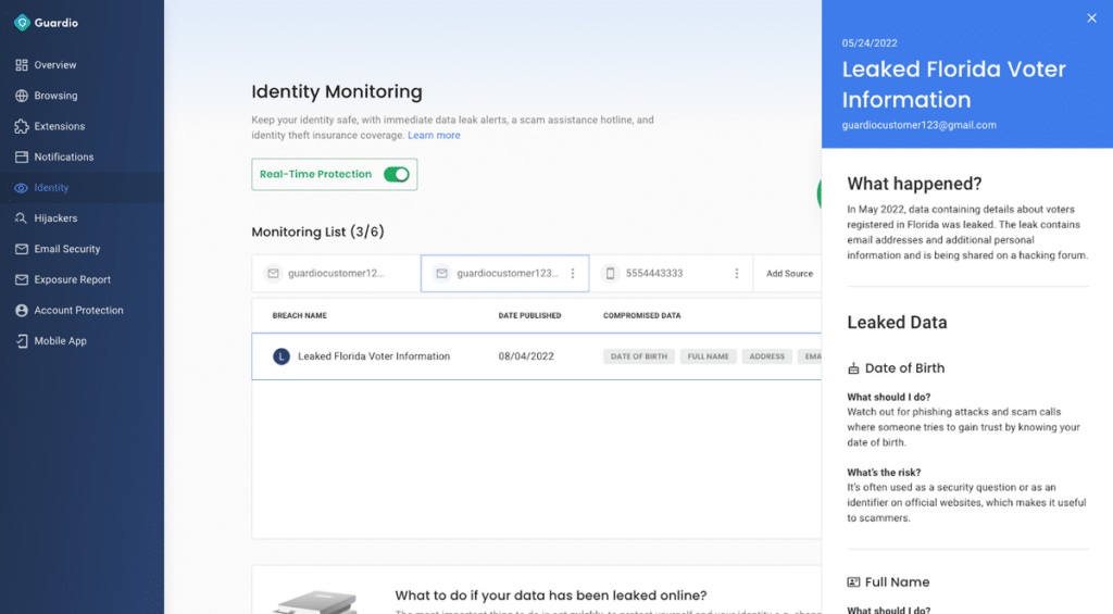 Guardio identity monitoring