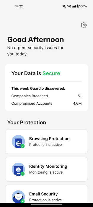 Guardio mobile app dashboard