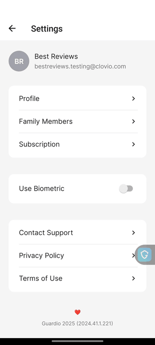 Guardio mobile app settings