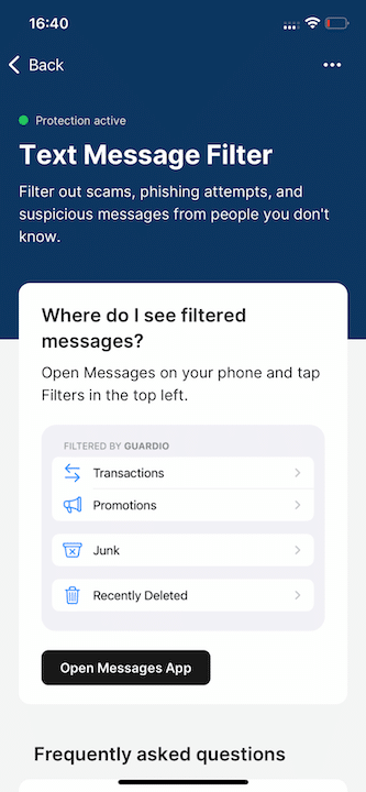 Guardio mobile ios sms filtering