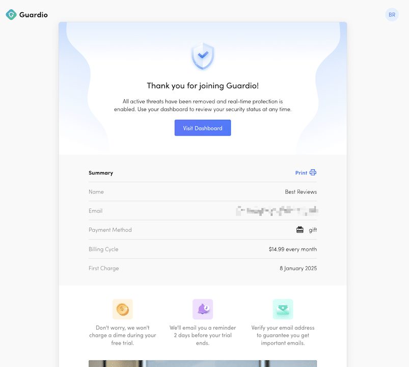 Guardio welcome message