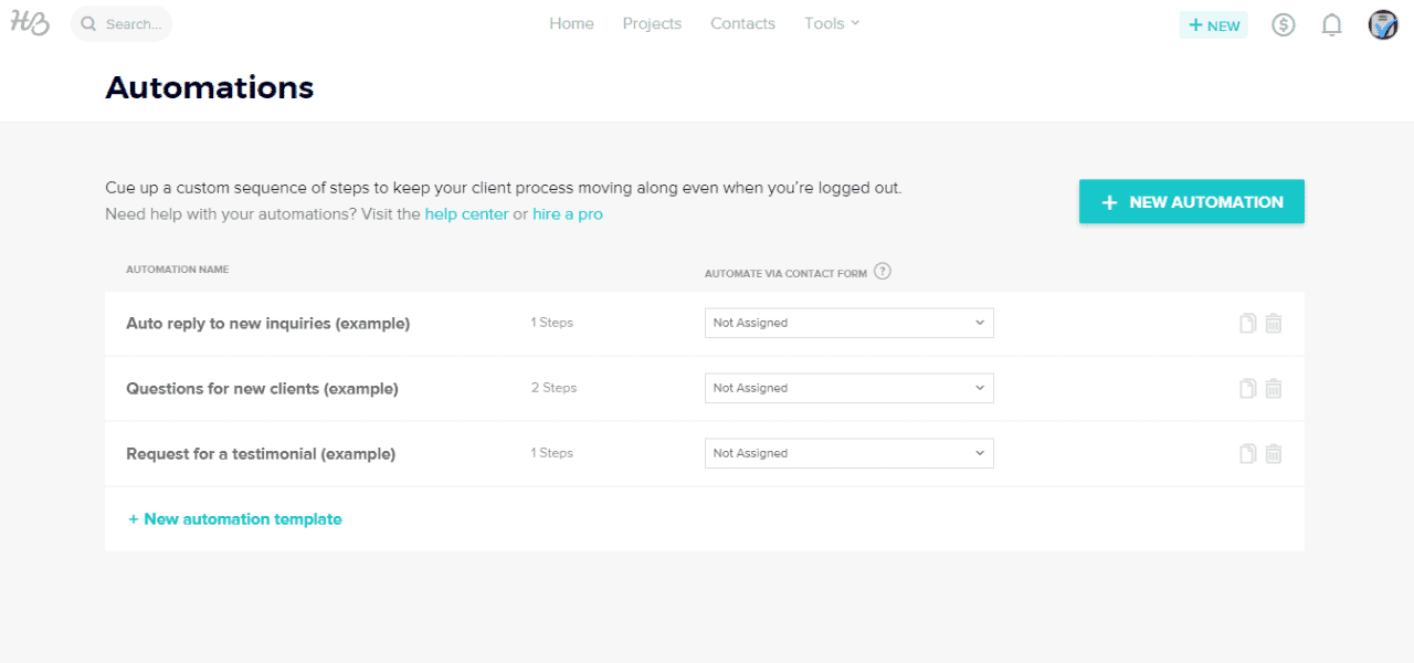 HoneyBook automations