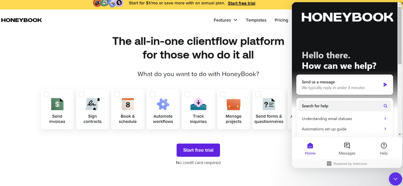 HoneyBook help widget