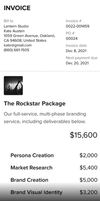 HoneyBook mobile app invoice