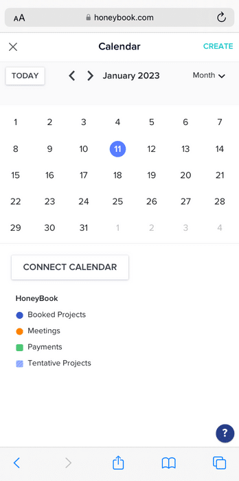 HoneyBook mobile browser calendar