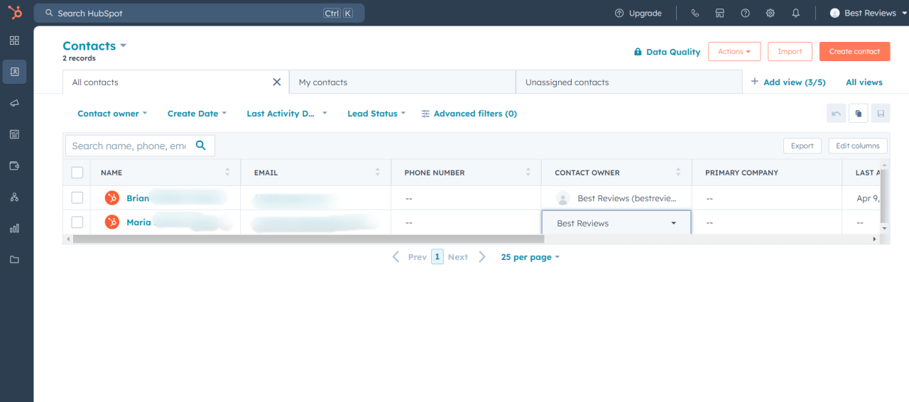 HubSpot contacts view