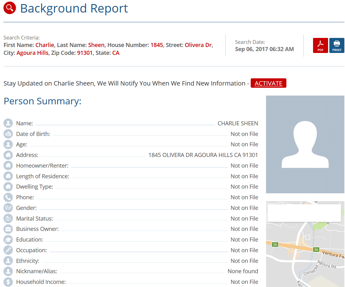 InfoTracer background report on Charlie Sheen