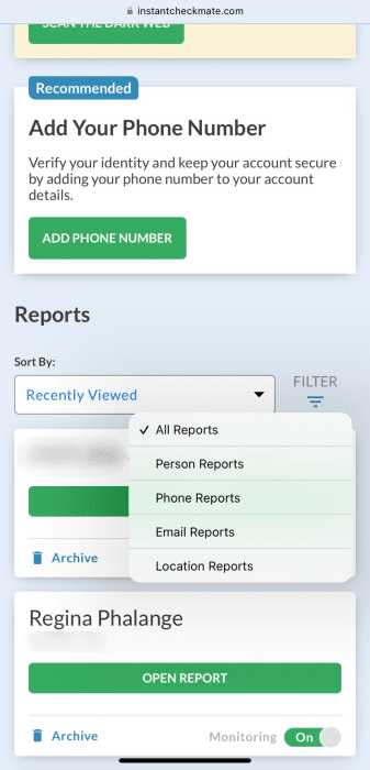 Instant Checkmate previous reports on mobile device
