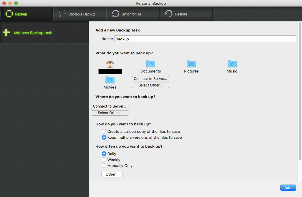 Main setup screen for backups in Intego's personal backup