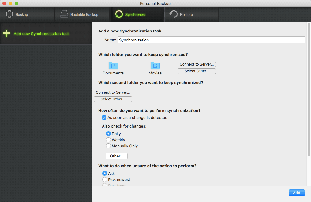 Sync options for backup purposes