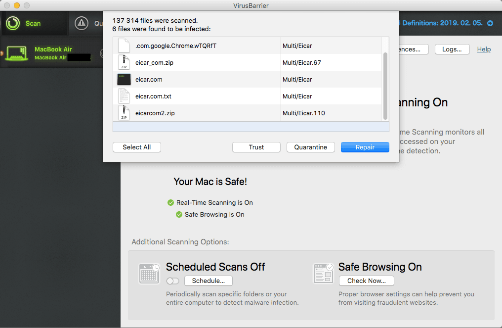 Results of the scan in Intego VirusBarrier