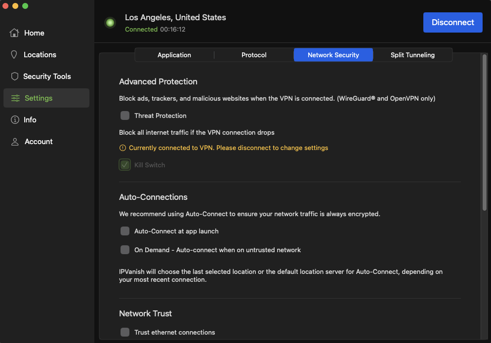 IPVanish network security settings