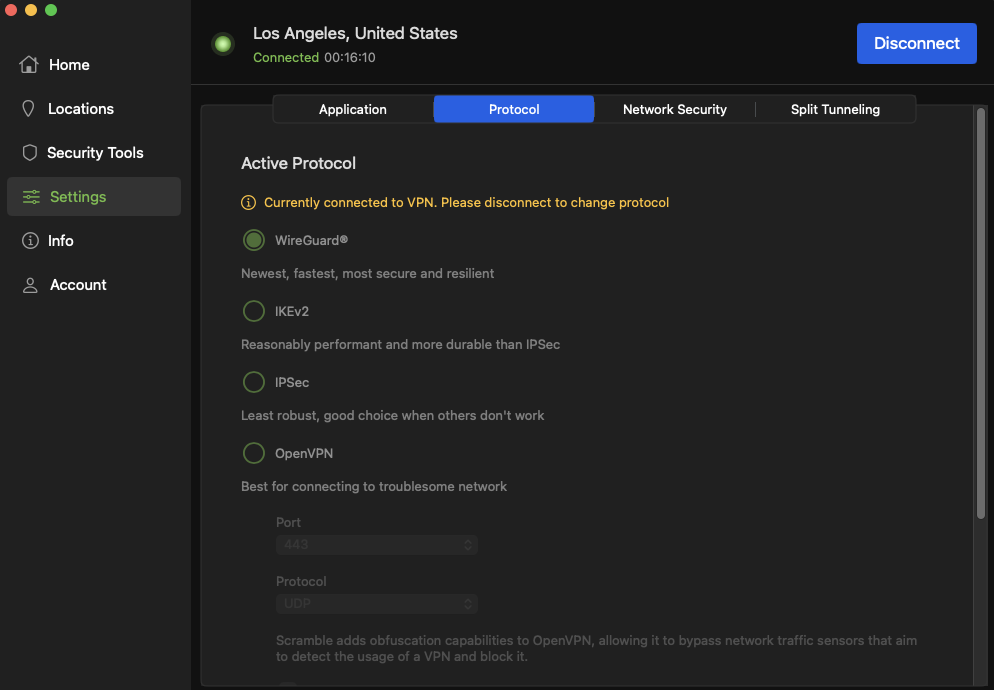 IPVanish protocol settings