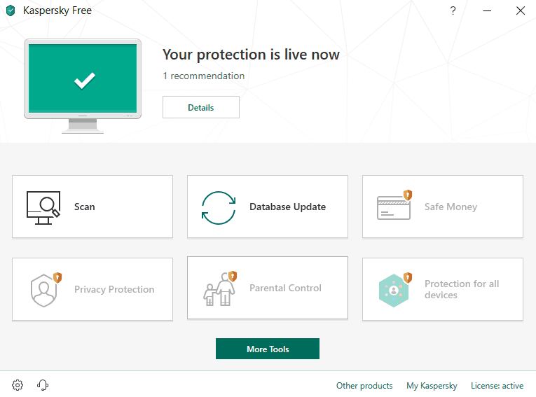 Interface of Kaspersky Free Anti-Virus