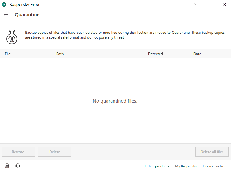 Quarantine for Kaspersky Free Anti-Virus