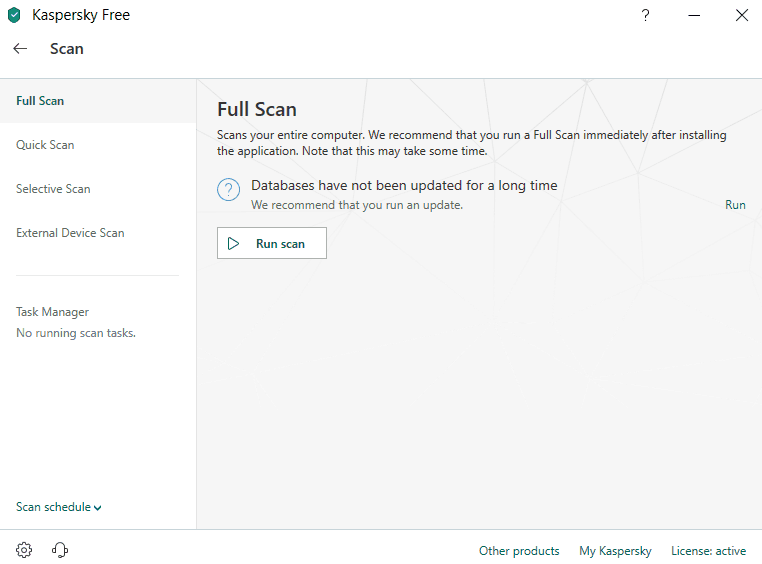 Scanning options in Kaspersky Free Anti-Virus