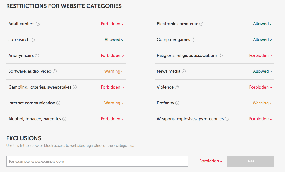 Category restrictions