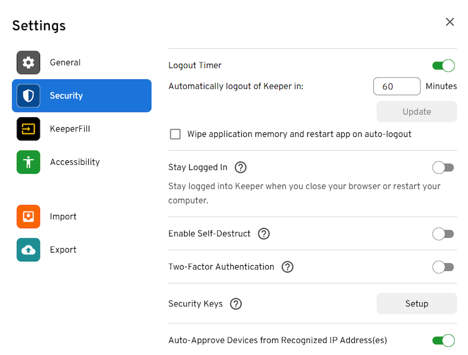 Keeper security settings