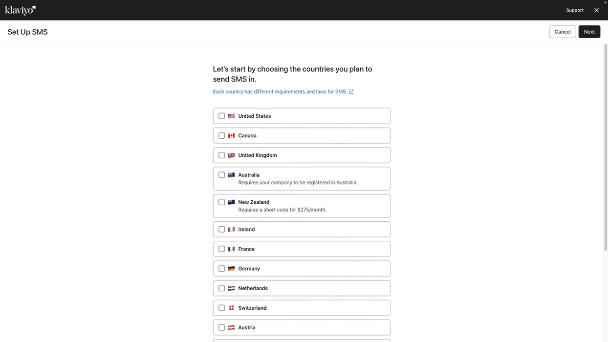 Klaviyo SMS available countries