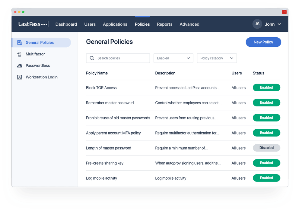 LastPass business policies