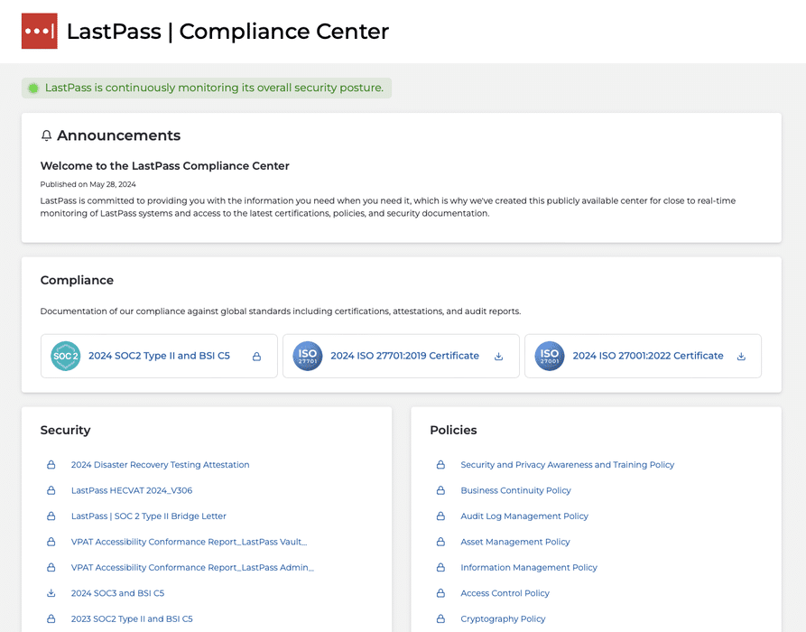 LastPass compliance center