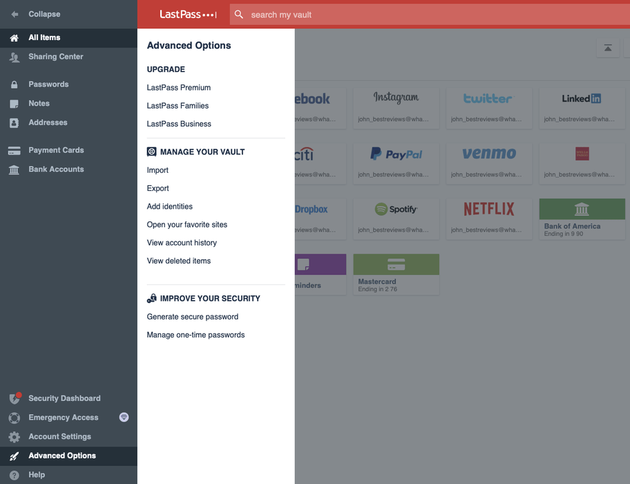 LastPass options menu
