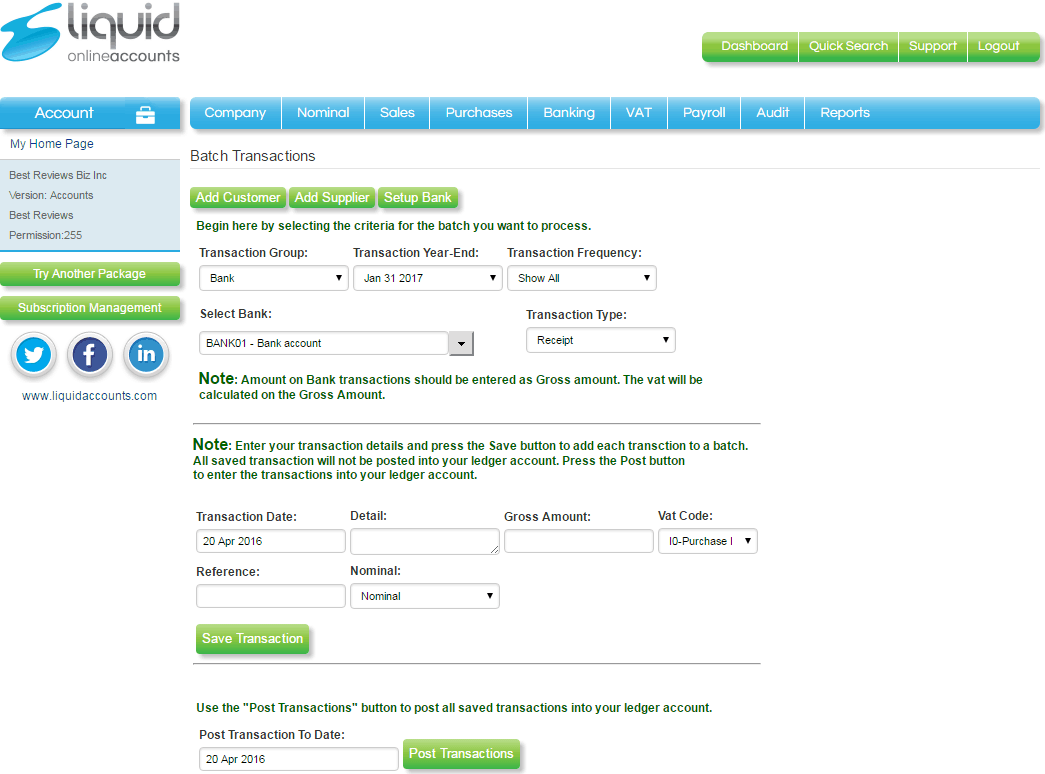 Managing batch transactions in Liquid Accounts