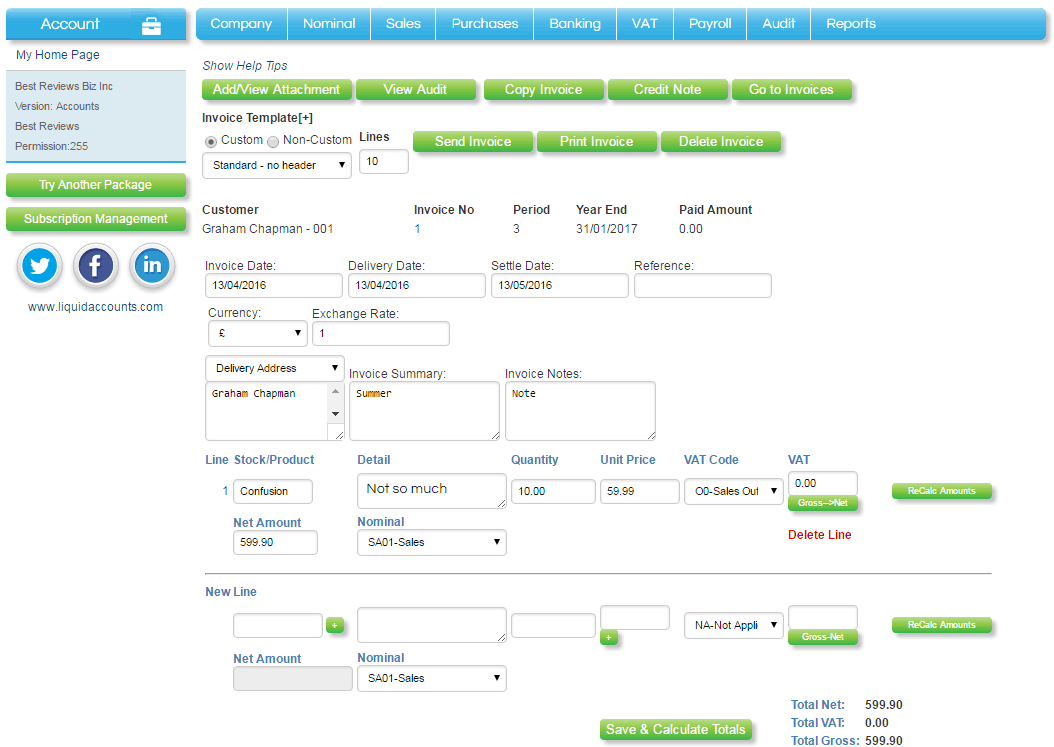Invoicing in Liquid Online Accounts