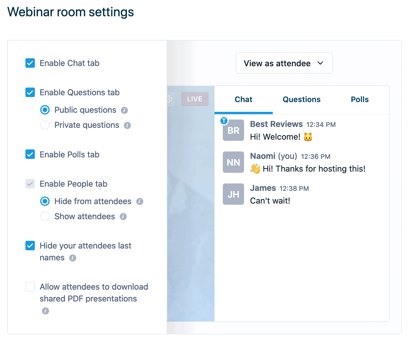 Livestorm webinar room settings