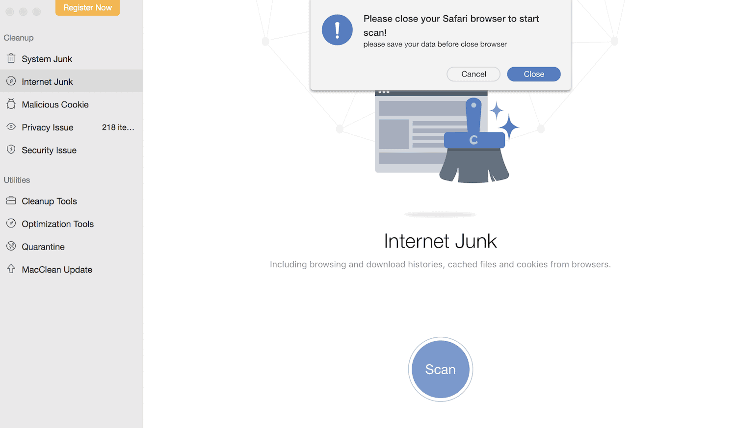 Quit Safari browser to start scan