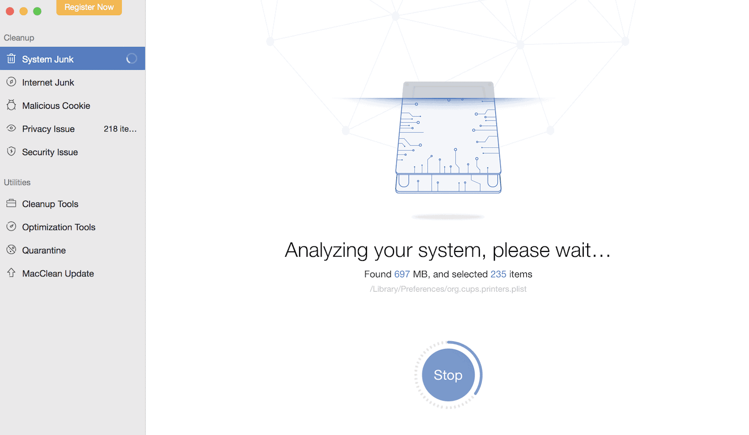 Analyzing system - scan in progress
