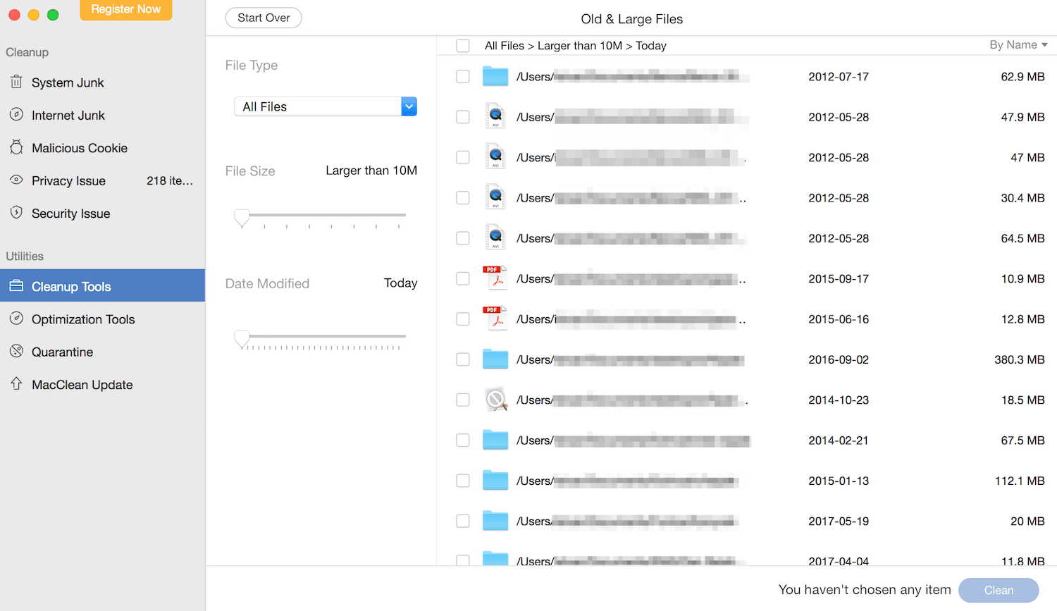 MacClean Cleanup tools scan results