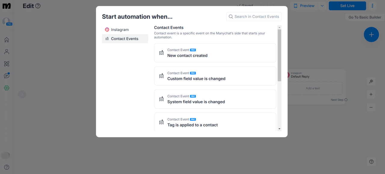 Manychat Instagram events