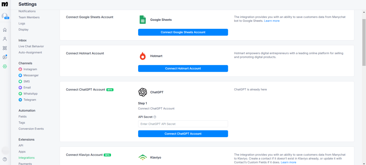 Manychat integrations
