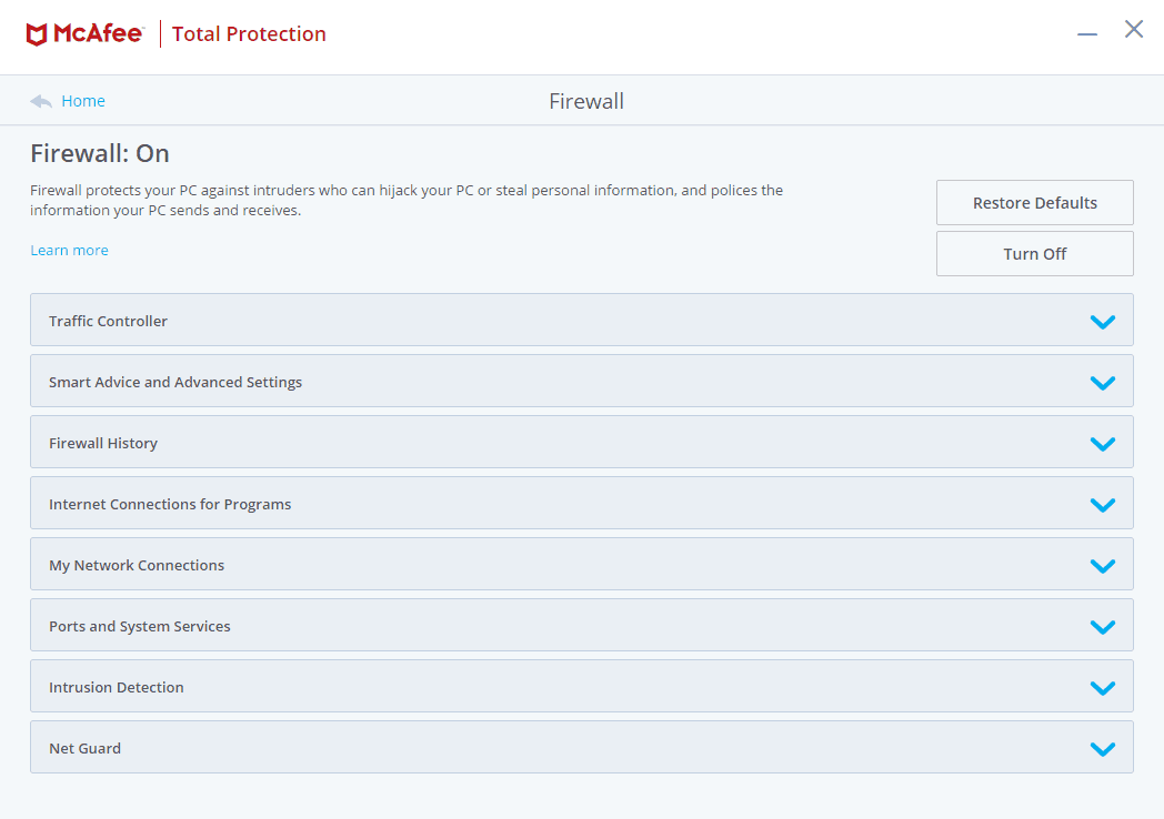 McAfee Total Protection firewall settings