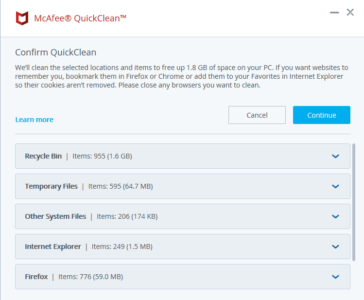 McAfee Total Protection quick clean