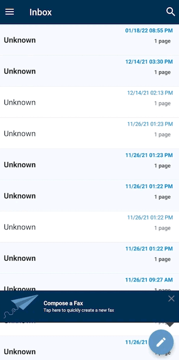 MetroFax mobile inbox