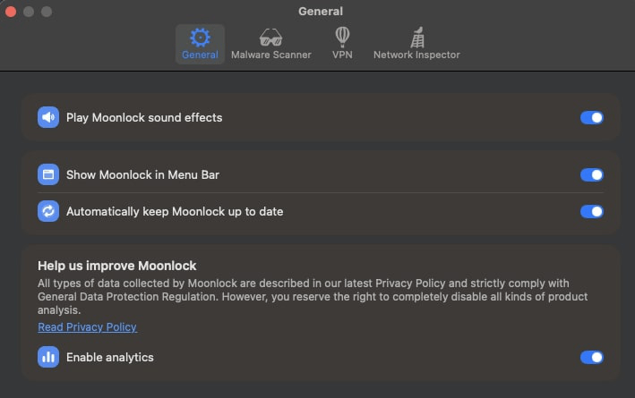 Moonlock general settings