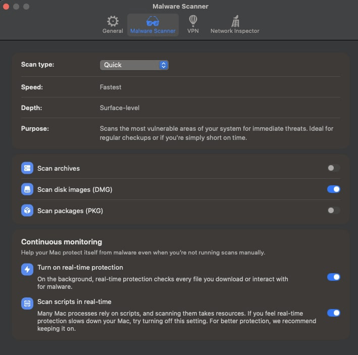 Moonlock malware scanner settings