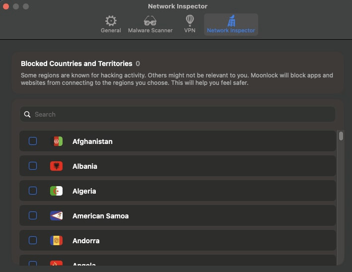 Moonlock network inspector settings