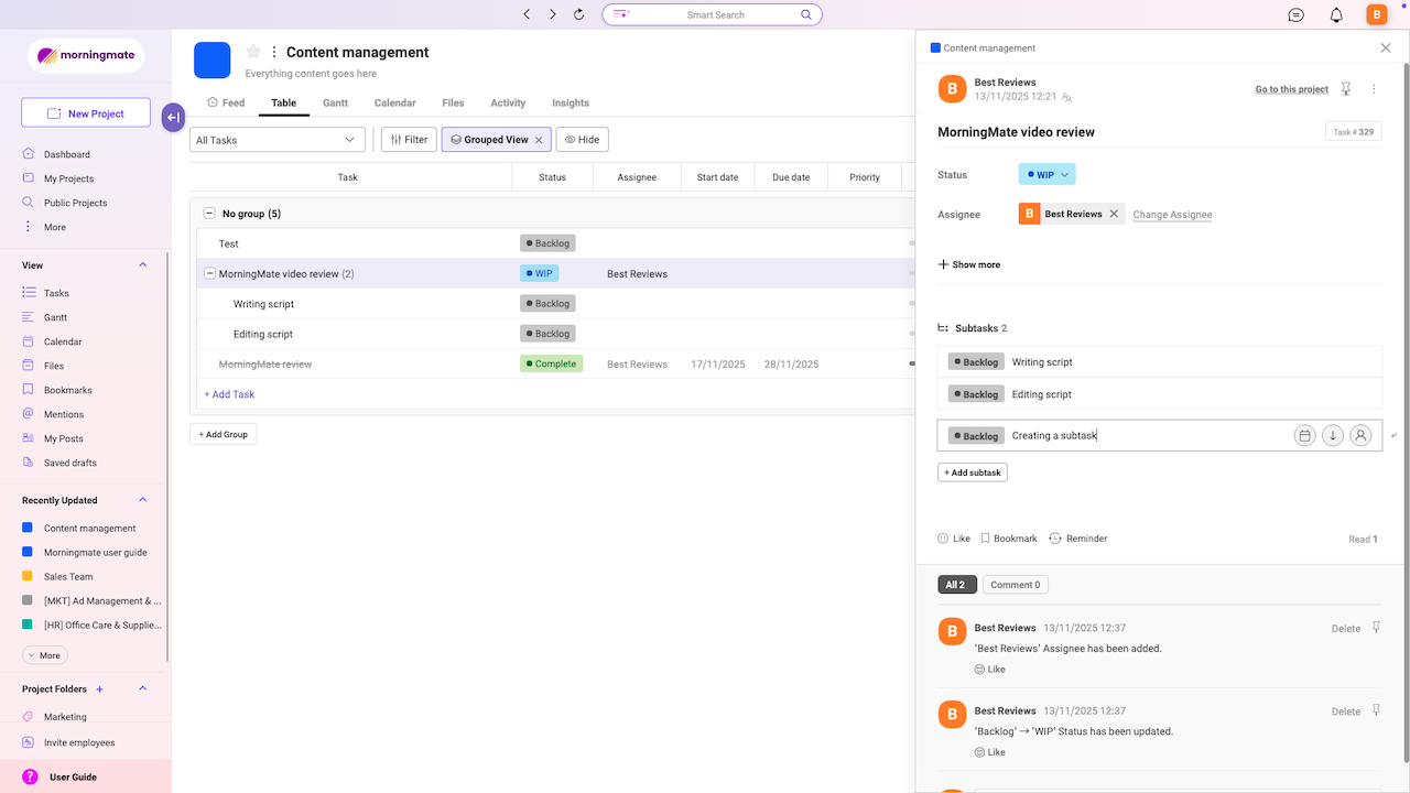 Morningmate Creating a Subtask