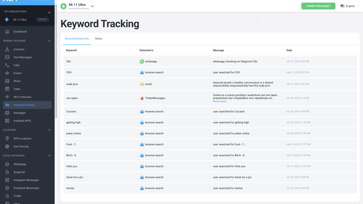 mSpy keyword tracking